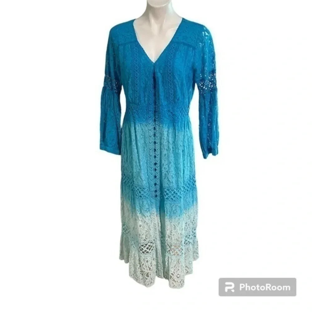Magic  Lace Blue Ombré Button Vacation Dress